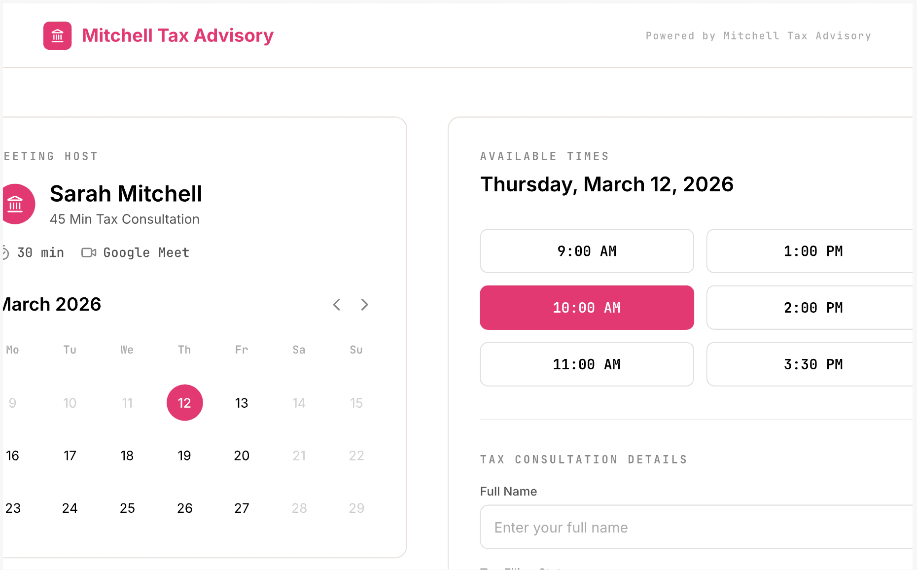 Customized branded booking page for Mitchell Tax Advisory