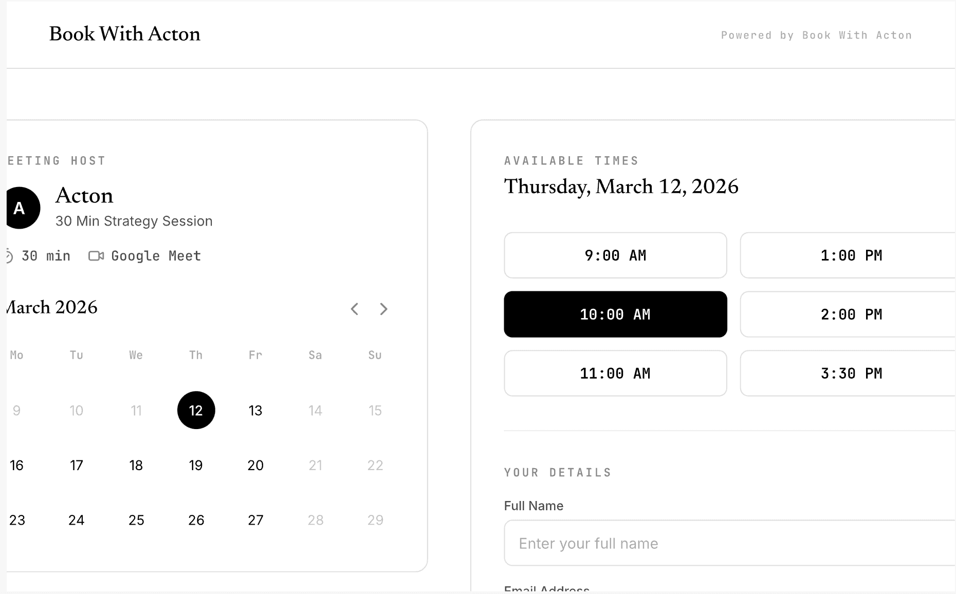 Default Book With Acton booking page